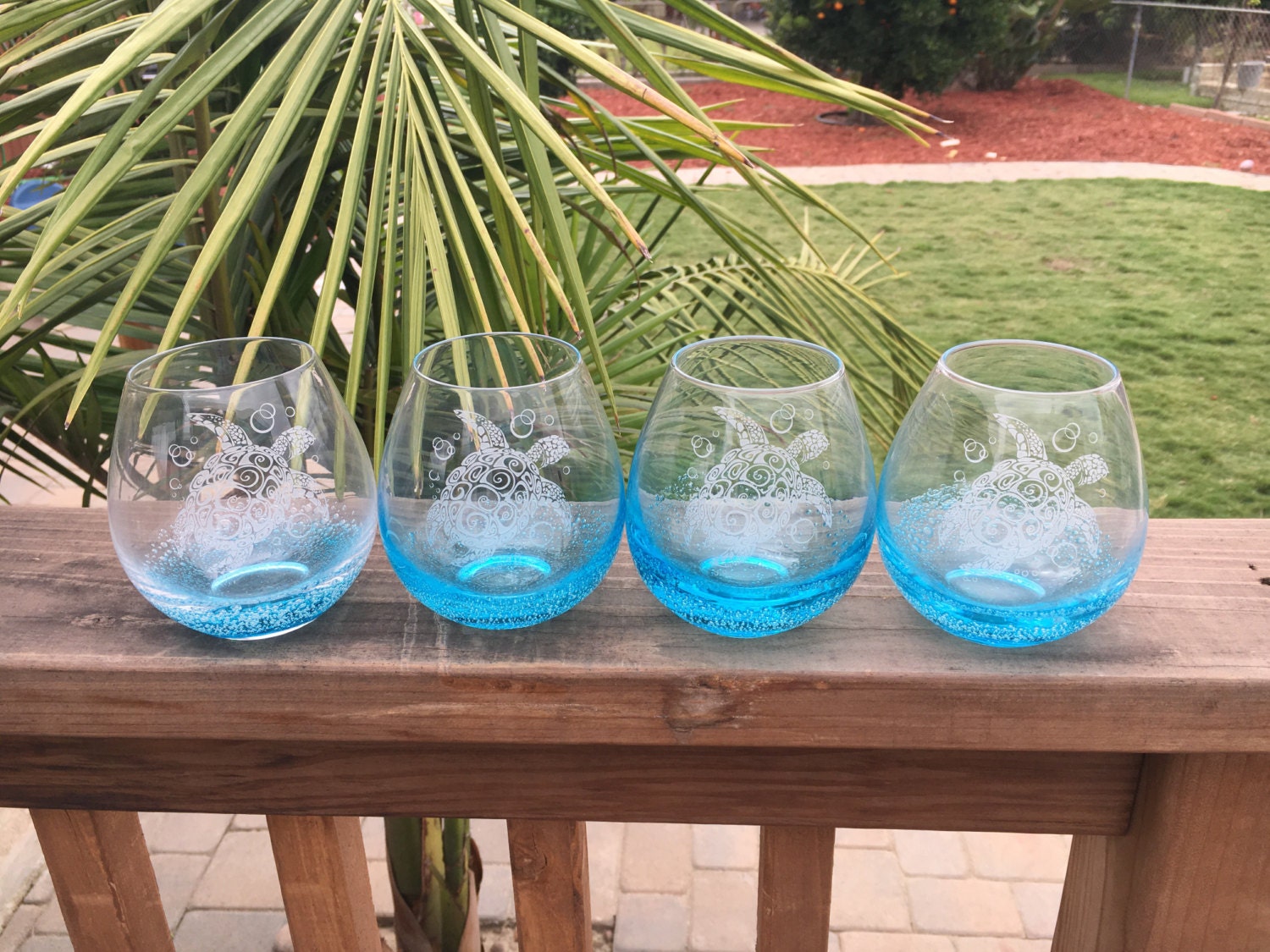 Set of 4 Turtle Wine Glasses, sea turtles, etched glasses, glasses with designs, island living