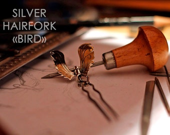 Silver hairfork bird , Gift for her, 2 prong, Hair sticks, Hairpin, Handmade, Hair accessory, silver Jewelry