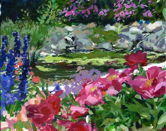 Garden Pool, Schreiner's Iris Garden, 8" x 10" acrylic painting, unframed
