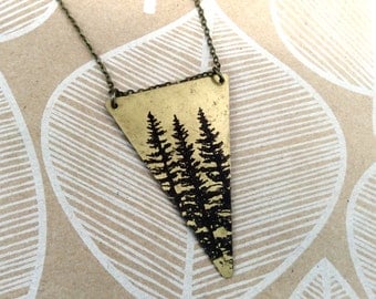 Long Necklace REVERSIBLE Triangle with Dark Side of the Moon / Pine Tree Print Raw Brass