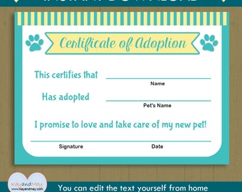 Printable Pet Adoption Certificate animal theme party cat dog