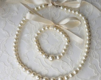 Pearl Necklace Bracelet Set, Flower Girl Jewelry, Flower Girl necklace, Flower girl bracelet, Bridal Party jewelry, Wedding jewelry