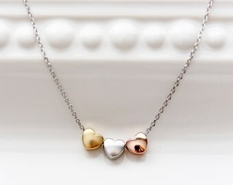Three Hearts Necklace, Tri Tone Hearts Charm Silver Gold Rose Gold Necklace Bridal Bridesmaid Gift Wedding Heart Jewelry Love Dainty