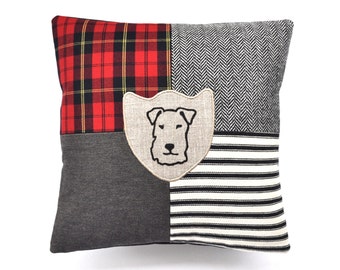 Terrier Print Patchwork Cushion - Red Tartan Colourway