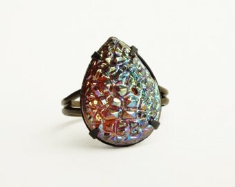 Iridescent Crystal Drusy Ring Metallic Druzy Jewelry Vintage Sugar Stone Ring Adjustable Iridescent Glass Druzy Jewelry
