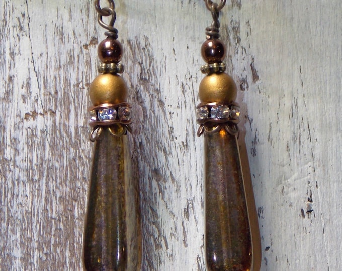 Boho Earrings Champagne Earrings Teardrop Earrings Czech Luster Amber Gold Rhinestones Dangle Drop Mixed Metal Copper Brass Earrings