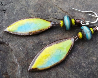 Tribal Boho Chic Ceramic and Glass Dangle Earrings, Lampwork Glass Colorful Blue Green Primitive Style Earrings