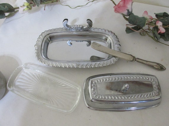Chrome Butter Dish Set of 4 pieces including Knife in Attached Holder