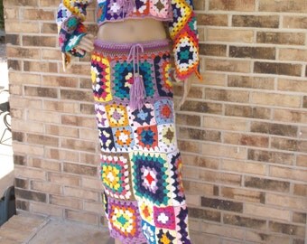 Hand Crochet Granny Square Skirt, Festival Cothing, Clubwear, Summer Skirt, Hippie Chic Skirt, Crochet Hippie Skirt, MADE TO ORDER