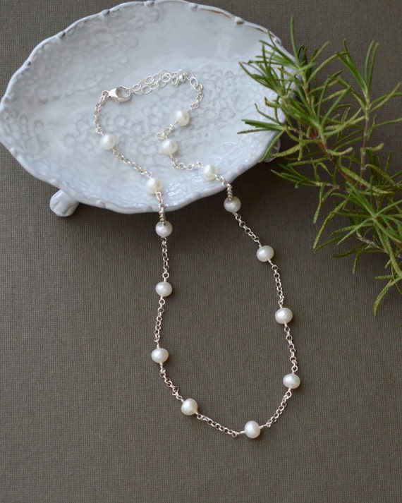 Pearl Station Necklace / Sterling Silver Pearl Necklace