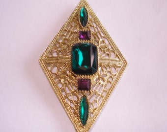 Green Amethyst Gold Tone Filigree Brooch