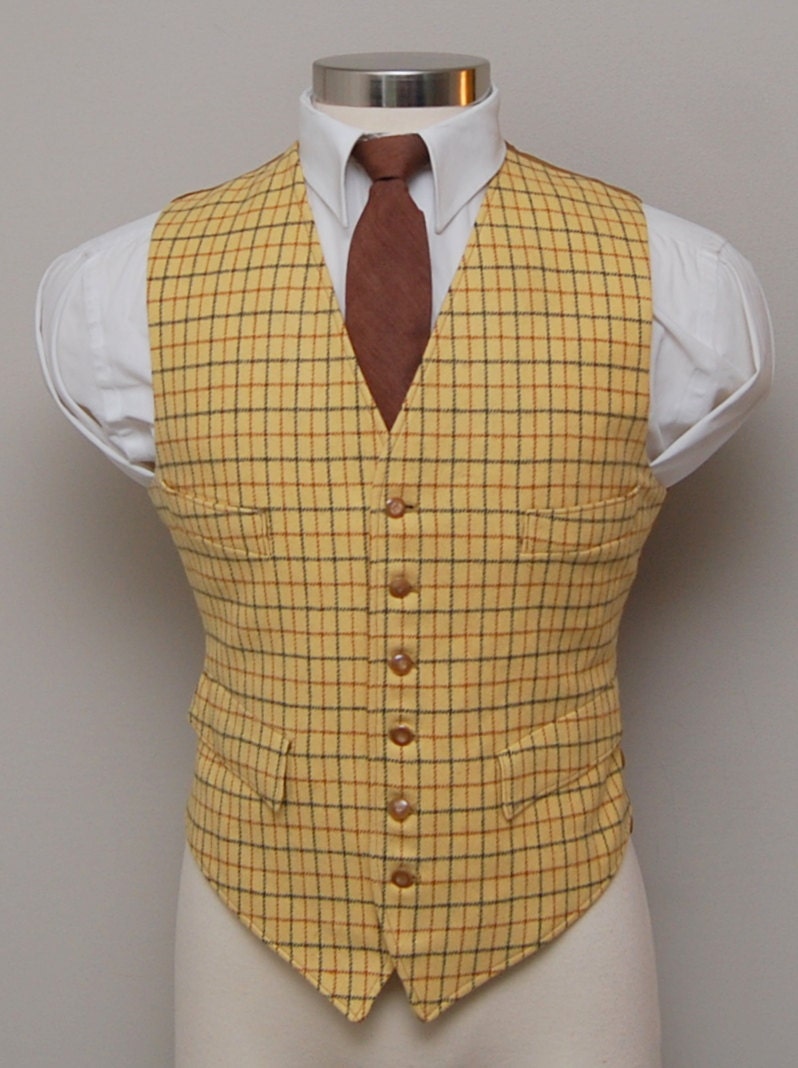 Vintage men's yellow check wool vest/ Vint men's