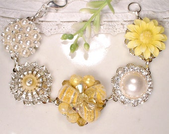 Yellow Crystal, Pearl & Rhinestone Silver Bridal or Bridesmaids Bracelet, OOAK Vintage Cluster Earring Bracelet Wedding Gift Charm Button