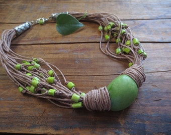 Tagua Nut Necklace, Linen Necklace,Lime Green Tagua, Lime Green Bone Beads, Linen Cord