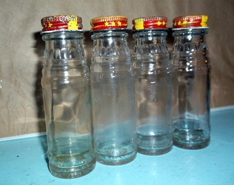 Bottles Set of 4 vintage MILANI'S small glass bottles with screw on metal lids each measures 4 1/2" bud vases, glass crafting, storage