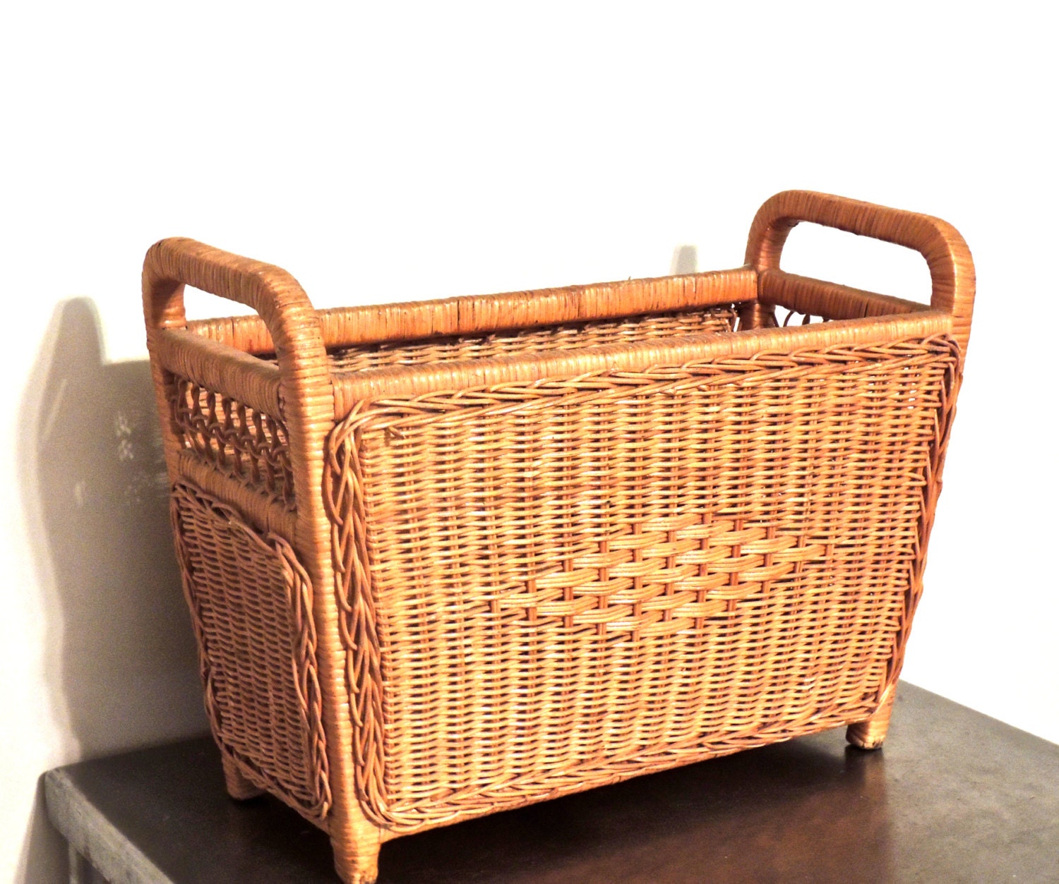 vintage wicker magazine basket 1960s mid century woven
