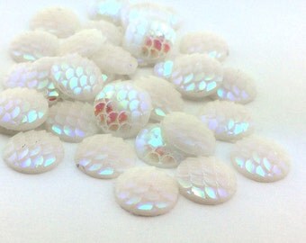 25pcs Opal Moonstone Cabochons - 12mm White Scale Findings - Flat Back Round Cabochon - Nautical Jewelry Supply Wholesale Mermaid Charm A34