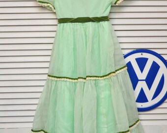 Vintage 60s 70s Girls Dress Full Length Formal/3 Tier Layer Skirt/Swiss Dot/Theater Pageant Costume Recital/Retro Victorian/Mint Green/