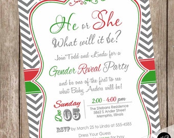 Christmas Baby Shower Gender Reveal Invitation, Boy or Girl, red, green, chevron, gender reveal baby shower, cast your vote, He or She