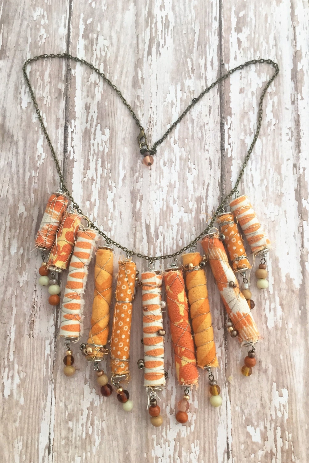 Orange Statement Necklace Fabric Bead Necklace Fabric Bib