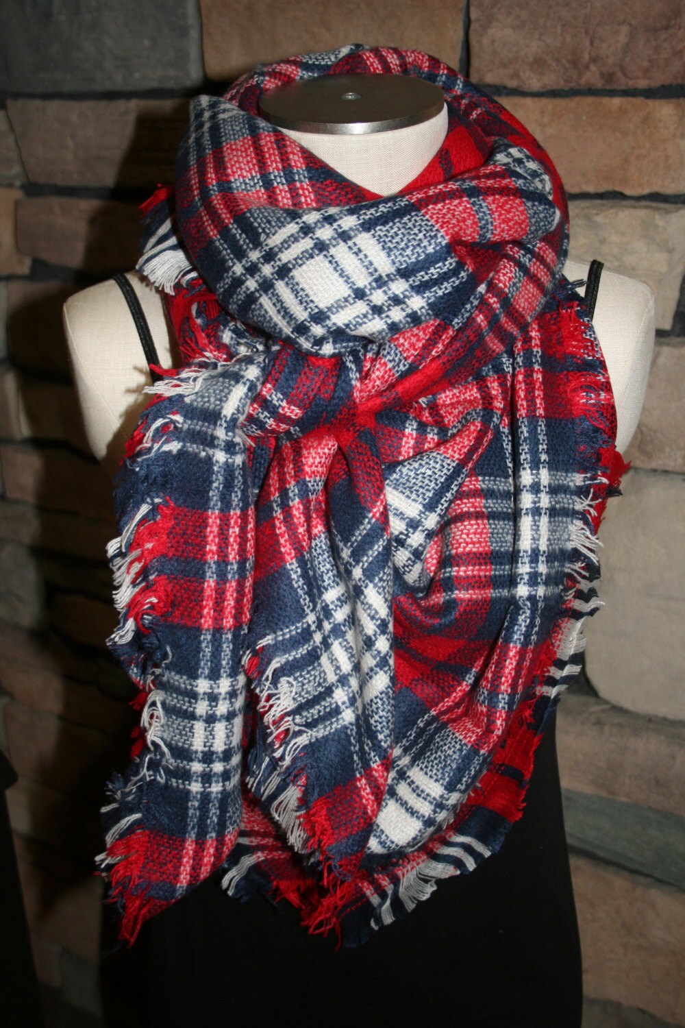 Plaid Tartan Blanket Scarf Red White Blue Plaid Scarf