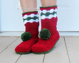 Crochet Boot Pattern Crochet Pattern for Women's Christmas Boots Boot Crochet Pattern Slipper Pattern Adults - Christmas Gift - Pom-Pom