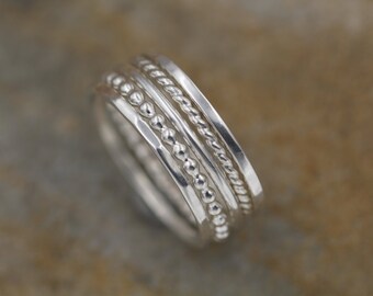 Silver Stacking Ring Set, 1.2mm Glossy - 5 Ring Rings - Thick Silver Ring Set - Hand Made in Argentium