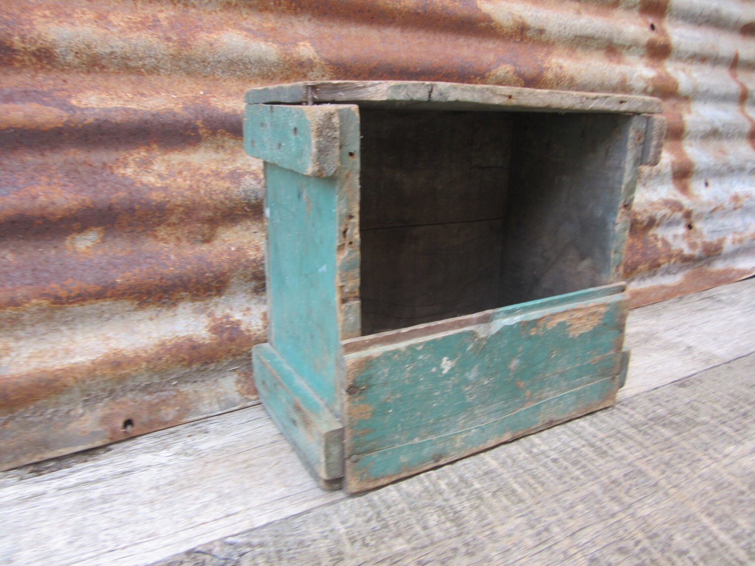 Antique Wood Box Poultry Nesting Box Chickens Painted Green