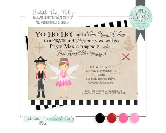 Pirate and Pixie Fairy Birthday Party DIY printable PDF Invitation. Multiple color schemes and Hair color of choice Il_570xn