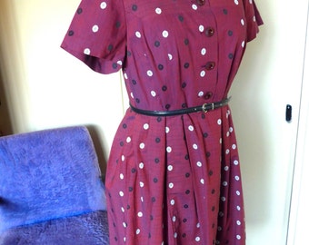 SALE - Beautiful 1950's French Vintage Burgundy Cotton Embroided Dress, Size M