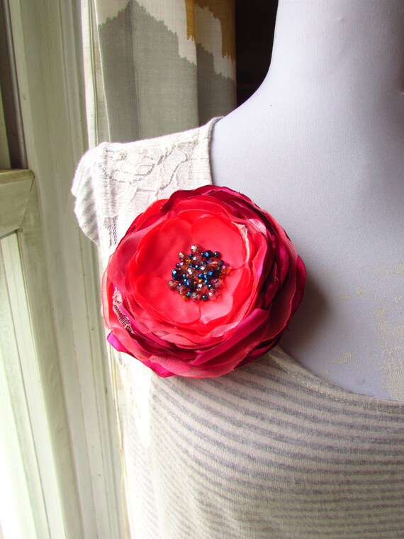 Coral and Pink Silk Flower Brooch 4 Large Fabric Flower