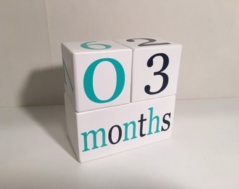 Baby Age Blocks, Wooden Milestone Blocks, Photo Prop, Navy and Aqua or Custom Color