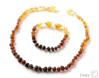 Raw Unpolished Amber Teething Necklace and Bracelet/Anklet, Baltic Amber Baby Set, Rounded Rainbow Color Beads