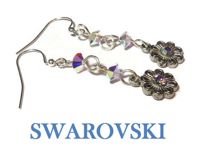 Swarovski drop earrings, pink lavender aurora borealis AB crystal, rhinestone flower ends, silver plated wrapped wire, french hooks and end