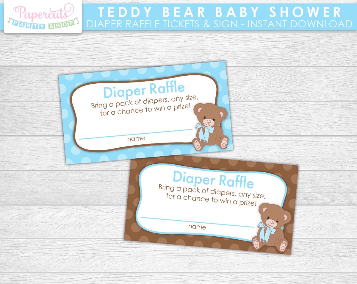 Teddy Bear Theme Baby Shower Diaper Raffle Tickets w/Sign