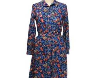 vintage 1970s LIBERTY of LONDON shirt dress / wool / Hannum Designs / floral leaves autumn / women's vintage dress / tag size 8