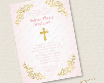 Pink and Gold Baptism Invitation Printable custom invite Christening First Communion Confirmation Holy Cross foil effect digital jpeg pdf