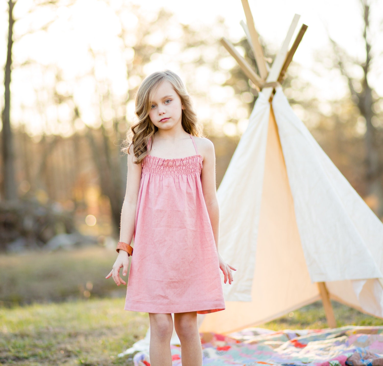 Bohemian Babies blush linen dress Shirred top dress with