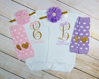 Twin Girls Clothing Personalized Baby Girl Lavender Gold Pink Gold Headband Leg Warmer Newborn Girl Coming Home Outfit Twin Girls Gift