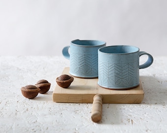 Blue Ceramic mugs, Light blue coffee cups, handmade coffee mug, Modern tea Cups, Minimalist turquoise coffee cups, latte cups, SET OF FOUR