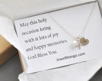 First Communion Gift, Cross charm necklace, Confirmation, Baptism Gift,Initial Necklace Silver Cross charm Personalized Initial Necklace