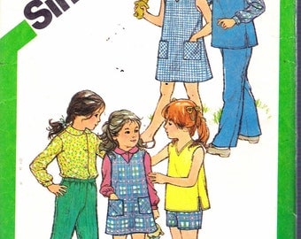 Vintage 1981 Simplicity 5120 Child's Dress, Jumper or Top, Shirt and Pull-On Pants or Shorts Sewing Pattern Size 3 & 4 Breast 22"- 23" UNCUT