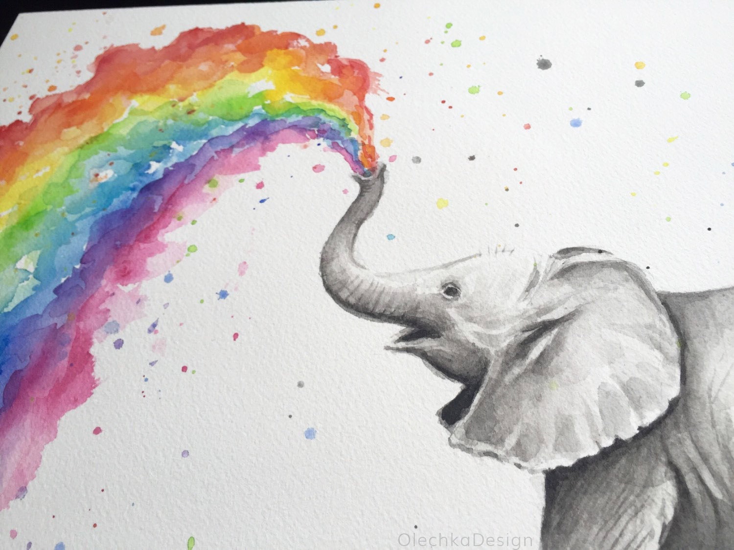Baby Elephant Spraying Rainbow ORIGINAL Watercolor Painting