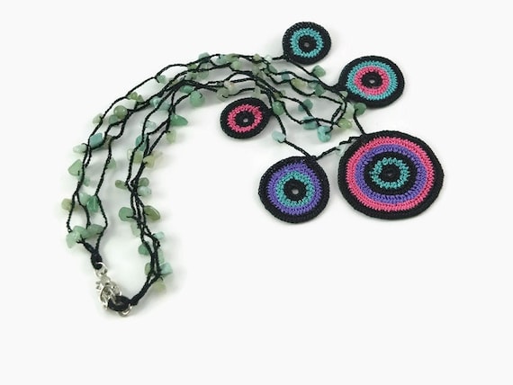 Crochet Necklace Bold Colorful Statement Motif Crochet Circle Necklace – Stone Bead Crochet – Stacked – Layered – Christmas – Holiday – Gift