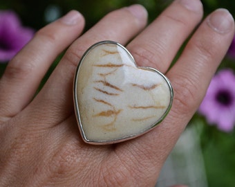 Sale - Fossilized Coral Ring, Gemstone Heart Ring, Heart, Sterling Silver, Coral, Size 7-7.25