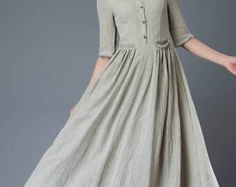 Casual Linen Dress - Pale Gray Everyday Comfortable Fit & Flare Long Maxi Dress with Half Sleeves and Button Front (C815)