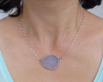 Druzy Necklace Silver, Druzy Choker, Druzy Pendant Necklace, Quartz Crystal Necklace, Natural Stone Necklace