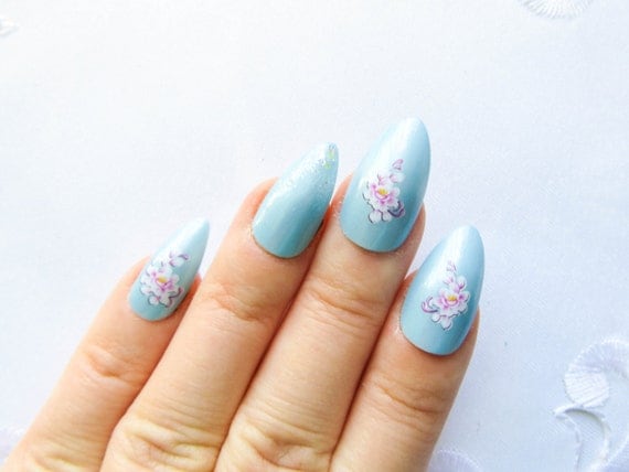 Baby Blue w/ Pink Flowers Stiletto Nails Fake Nails False