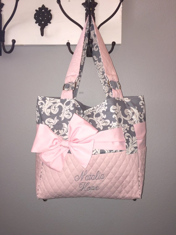 Personalized Diaper Bag In Pink & Grey. Add On The Matching