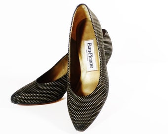 Vintage Evan Picone Pumps - Black and Gold Patterened Suede - Size 7M